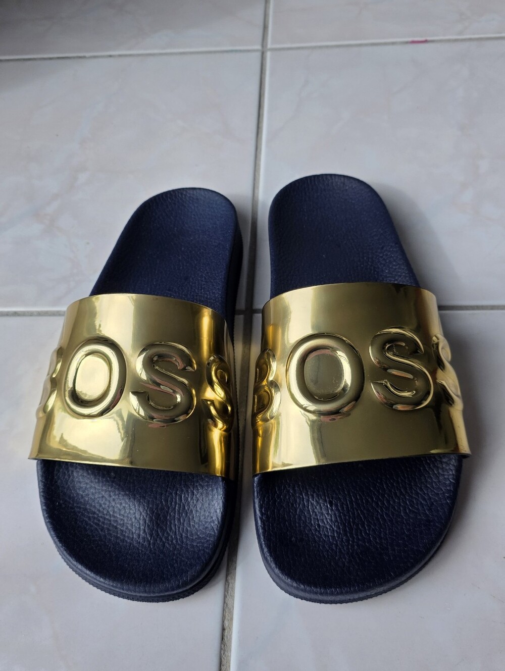 Hugo Boss Gold Logo Pool Slides Navy Blue Men’s Size 41 Made in Italy
